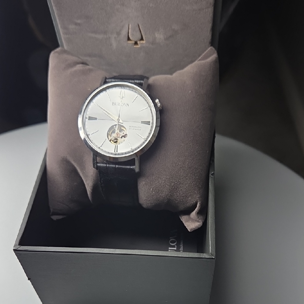 Bulova Silver Dial with Black Leather Strap Watch